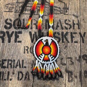 Native-Inspired Hand Beaded Thunderbird Necklace • Yellow, Orange, Red & Black